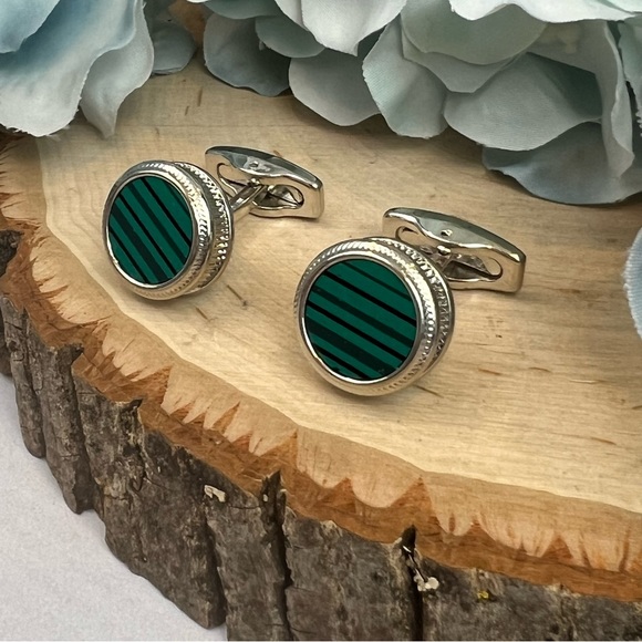 Stunning Green Malachite Round Silver Cufflinks - Picture 5 of 16